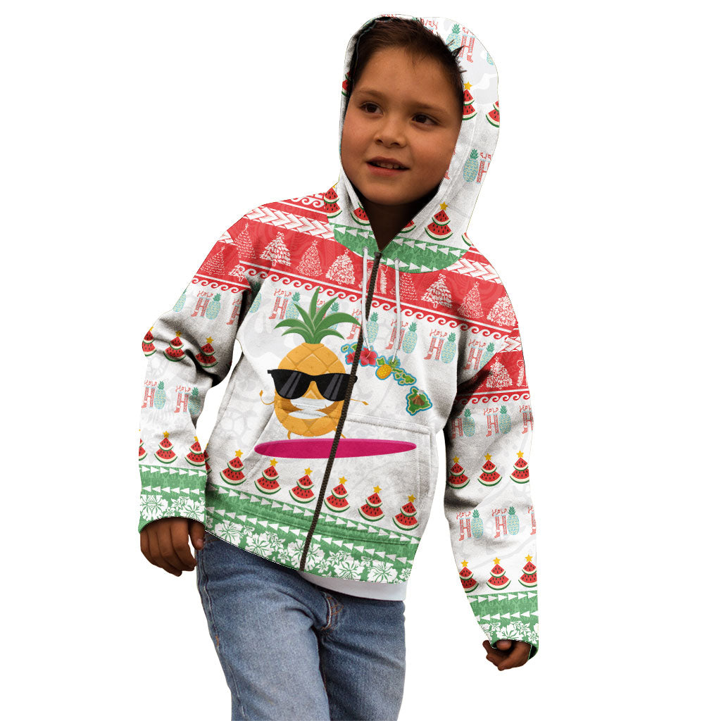 Hawaiian Mele Kalikimaka Kid Hoodie Funny Pineapple Surfing with Map Christmas Stripe Elements