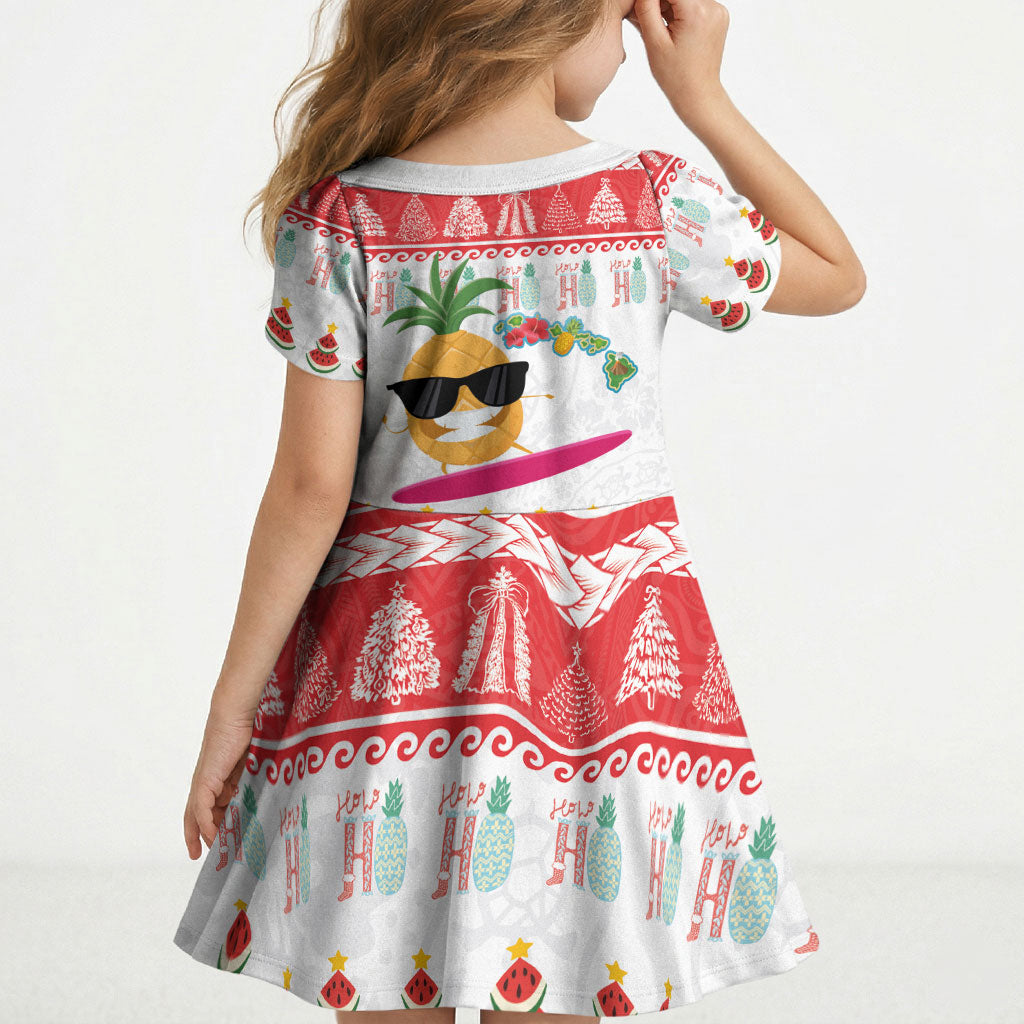 Hawaiian Mele Kalikimaka Kid Short Sleeve Dress Funny Pineapple Surfing with Map Christmas Stripe Elements