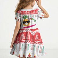 Hawaiian Mele Kalikimaka Kid Short Sleeve Dress Funny Pineapple Surfing with Map Christmas Stripe Elements