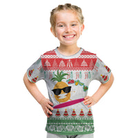 Hawaiian Mele Kalikimaka Kid T Shirt Funny Pineapple Surfing with Map Christmas Stripe Elements