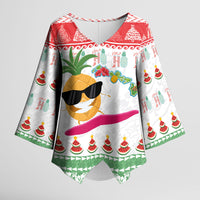 Hawaiian Mele Kalikimaka Kimono Sleeve Blouse Funny Pineapple Surfing with Map Christmas Stripe Elements