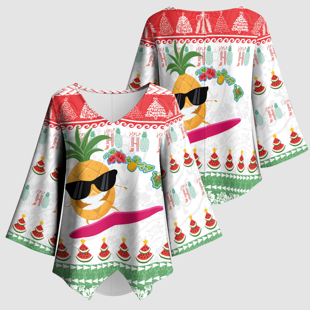 Hawaiian Mele Kalikimaka Kimono Sleeve Blouse Funny Pineapple Surfing with Map Christmas Stripe Elements
