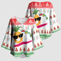Hawaiian Mele Kalikimaka Kimono Sleeve Blouse Funny Pineapple Surfing with Map Christmas Stripe Elements