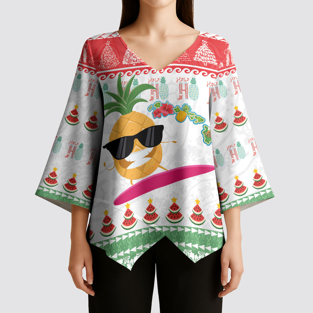 Hawaiian Mele Kalikimaka Kimono Sleeve Blouse Funny Pineapple Surfing with Map Christmas Stripe Elements