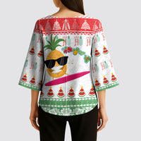 Hawaiian Mele Kalikimaka Kimono Sleeve Blouse Funny Pineapple Surfing with Map Christmas Stripe Elements