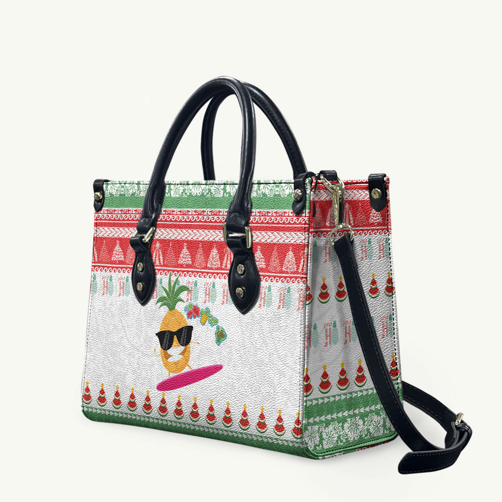Hawaiian Mele Kalikimaka Leather Bag Funny Pineapple Surfing with Map Christmas Stripe Elements