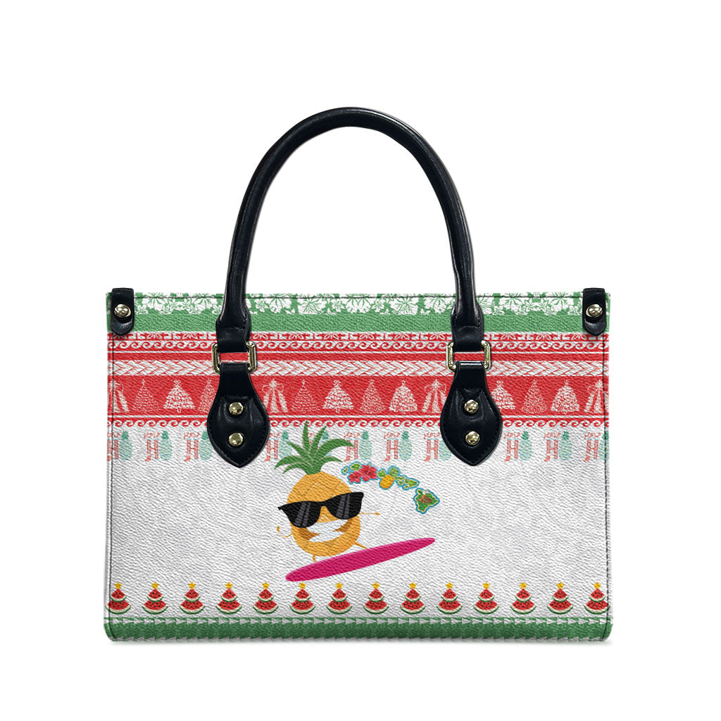 Hawaiian Mele Kalikimaka Leather Bag Funny Pineapple Surfing with Map Christmas Stripe Elements