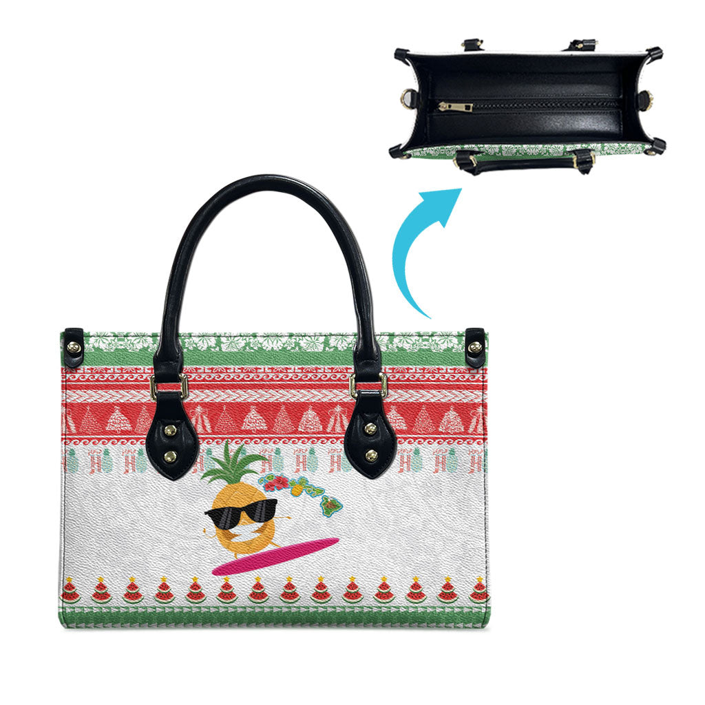 Hawaiian Mele Kalikimaka Leather Bag Funny Pineapple Surfing with Map Christmas Stripe Elements