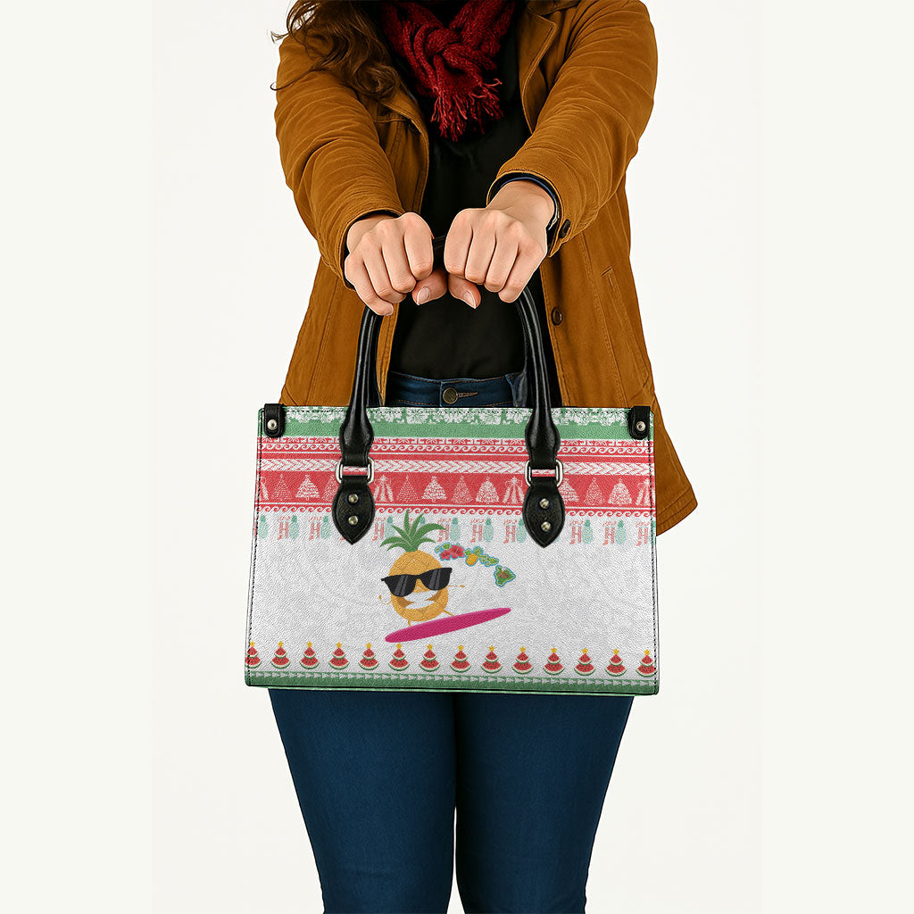 Hawaiian Mele Kalikimaka Leather Bag Funny Pineapple Surfing with Map Christmas Stripe Elements