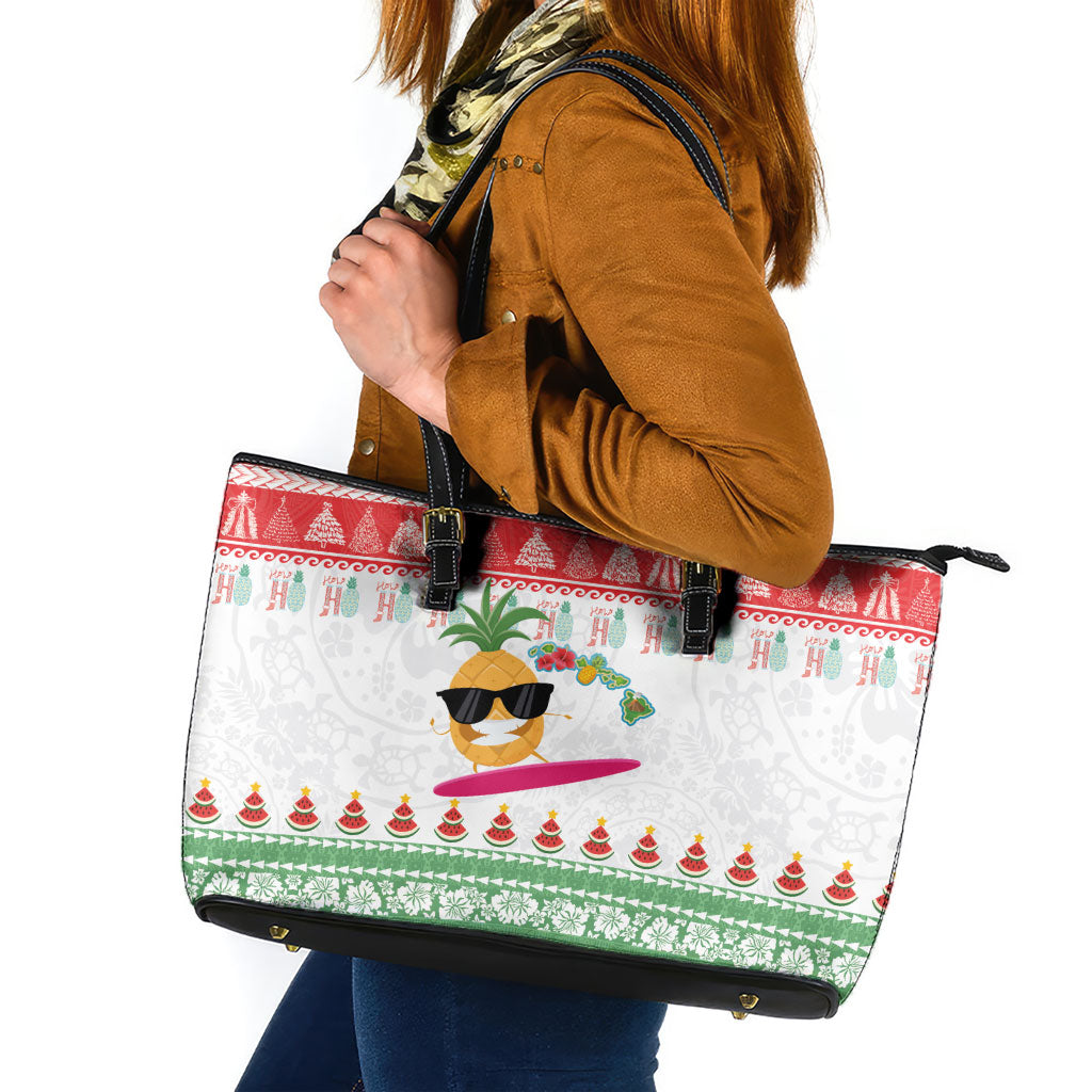 Hawaiian Mele Kalikimaka Leather Tote Bag Funny Pineapple Surfing with Map Christmas Stripe Elements