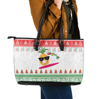 Hawaiian Mele Kalikimaka Leather Tote Bag Funny Pineapple Surfing with Map Christmas Stripe Elements