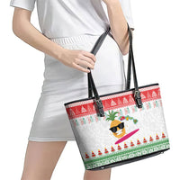Hawaiian Mele Kalikimaka Leather Tote Bag Funny Pineapple Surfing with Map Christmas Stripe Elements