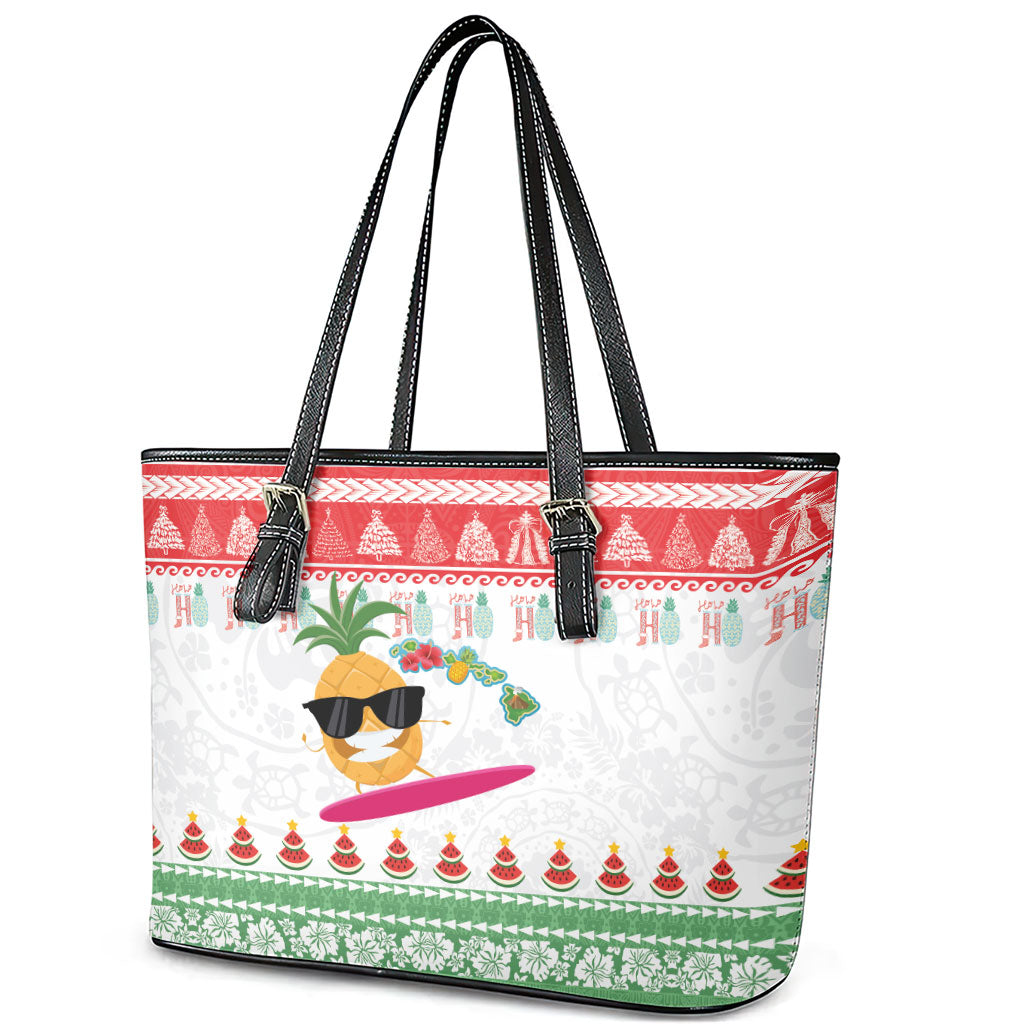 Hawaiian Mele Kalikimaka Leather Tote Bag Funny Pineapple Surfing with Map Christmas Stripe Elements