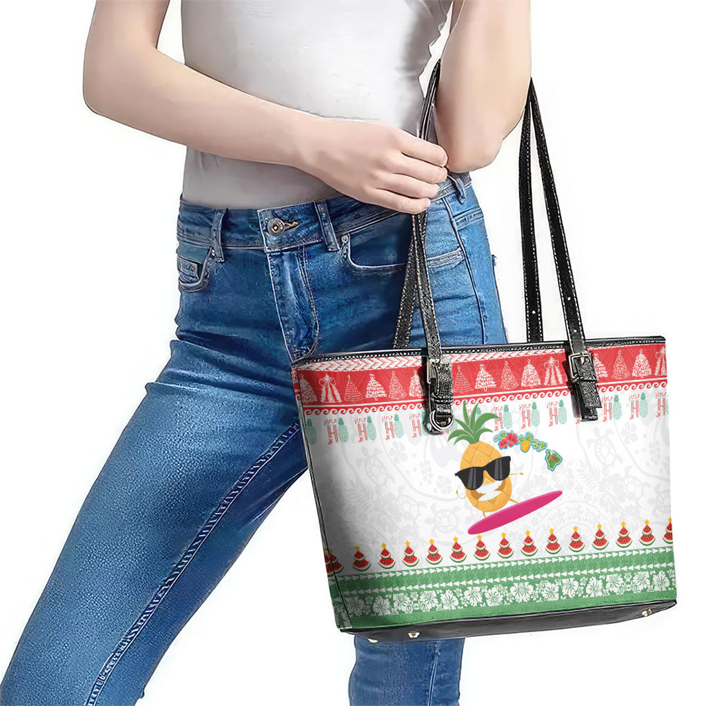 Hawaiian Mele Kalikimaka Leather Tote Bag Funny Pineapple Surfing with Map Christmas Stripe Elements