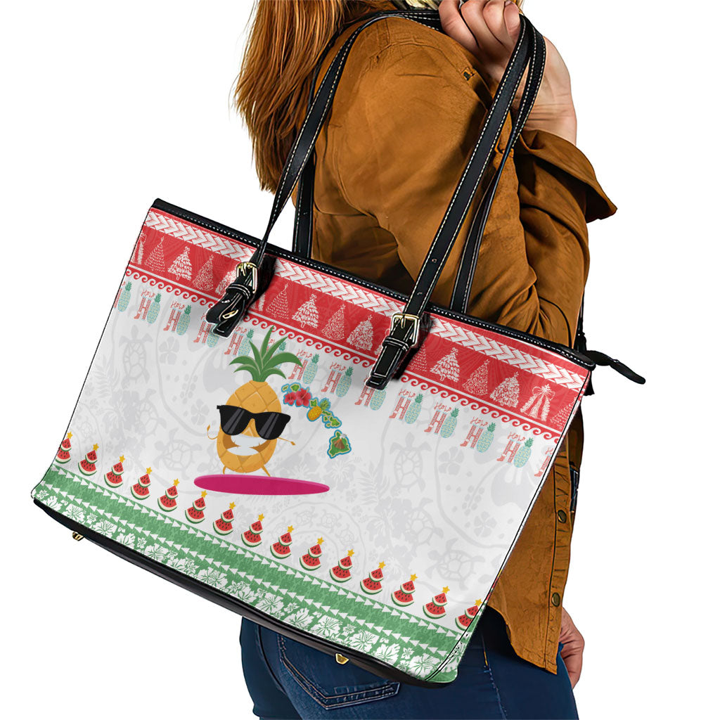 Hawaiian Mele Kalikimaka Leather Tote Bag Funny Pineapple Surfing with Map Christmas Stripe Elements