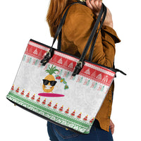 Hawaiian Mele Kalikimaka Leather Tote Bag Funny Pineapple Surfing with Map Christmas Stripe Elements