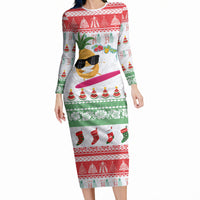 Hawaiian Mele Kalikimaka Long Sleeve Bodycon Dress Funny Pineapple Surfing with Map Christmas Stripe Elements