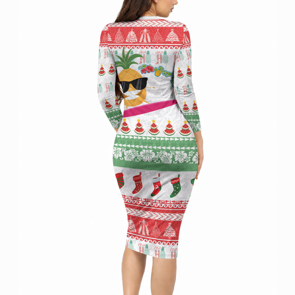 Hawaiian Mele Kalikimaka Long Sleeve Bodycon Dress Funny Pineapple Surfing with Map Christmas Stripe Elements