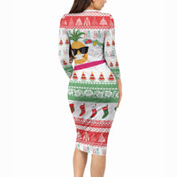 Hawaiian Mele Kalikimaka Long Sleeve Bodycon Dress Funny Pineapple Surfing with Map Christmas Stripe Elements