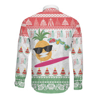 Hawaiian Mele Kalikimaka Long Sleeve Button Shirt Funny Pineapple Surfing with Map Christmas Stripe Elements