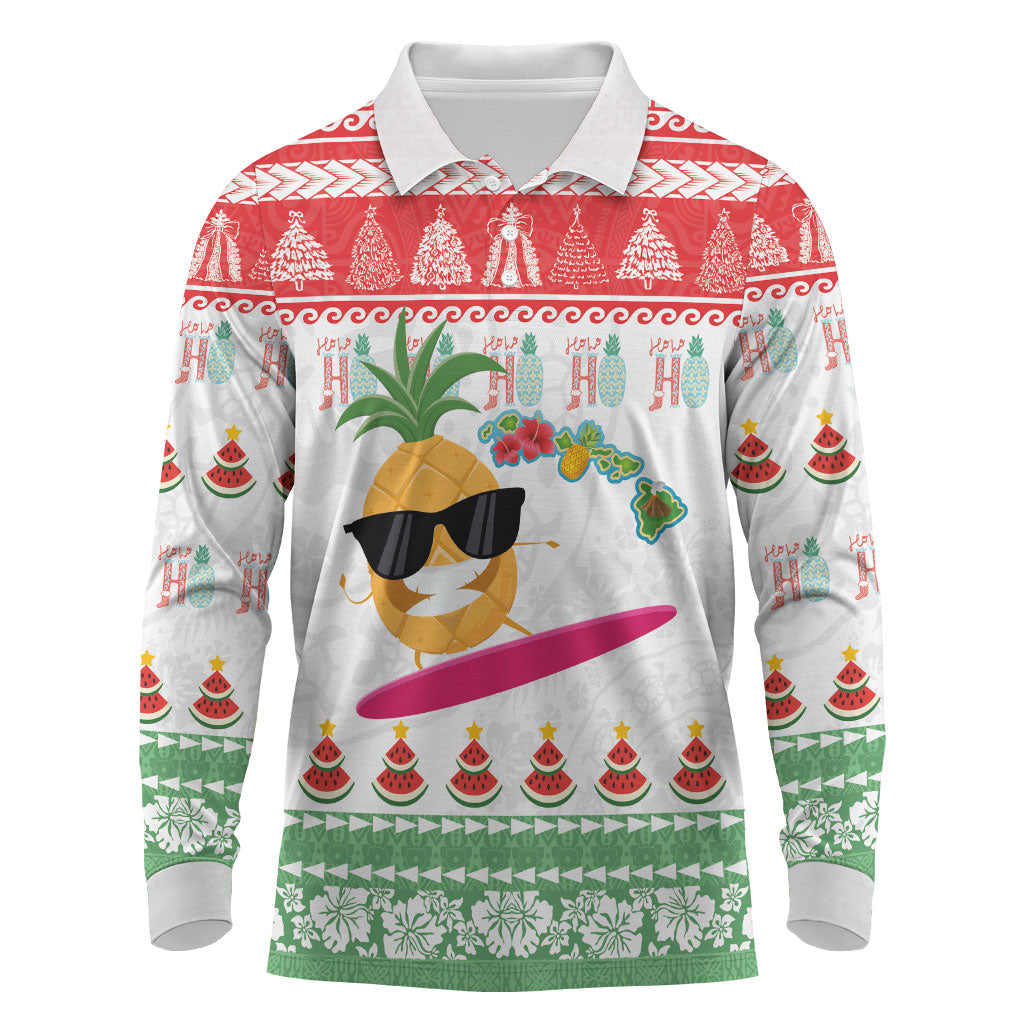 Hawaiian Mele Kalikimaka Long Sleeve Polo Shirt Funny Pineapple Surfing with Map Christmas Stripe Elements