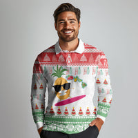 Hawaiian Mele Kalikimaka Long Sleeve Polo Shirt Funny Pineapple Surfing with Map Christmas Stripe Elements