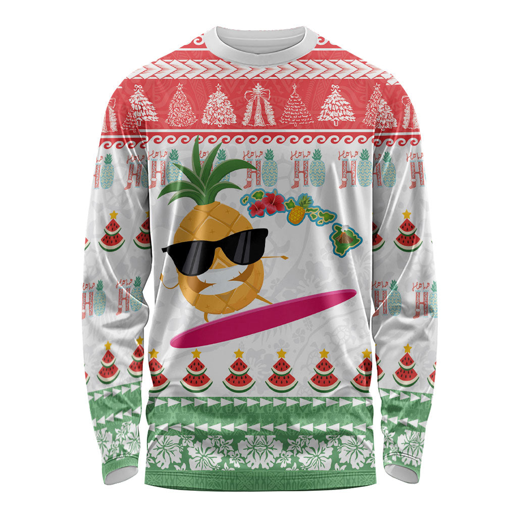 Hawaiian Mele Kalikimaka Long Sleeve Shirt Funny Pineapple Surfing with Map Christmas Stripe Elements