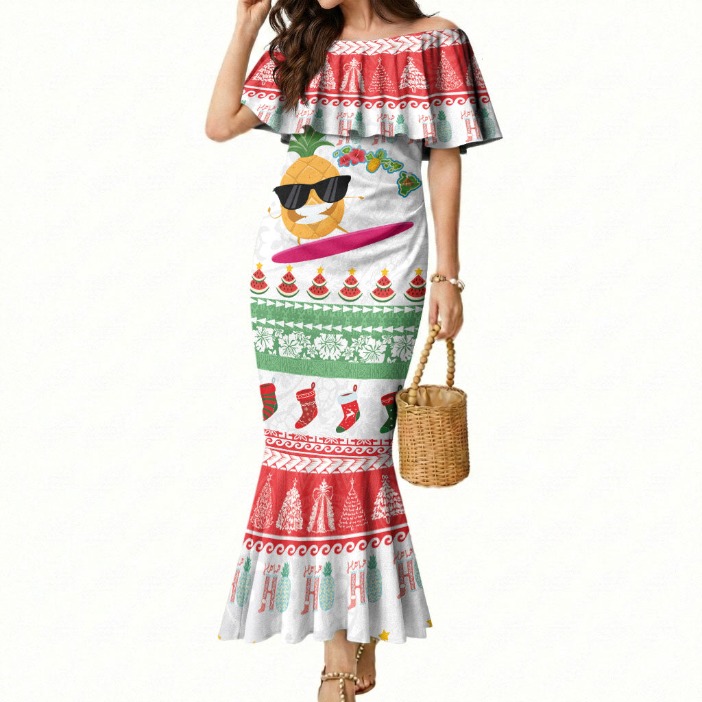 Hawaiian Mele Kalikimaka Mermaid Dress Funny Pineapple Surfing with Map Christmas Stripe Elements