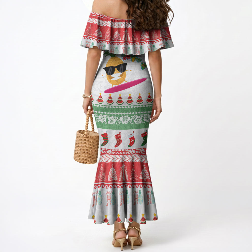 Hawaiian Mele Kalikimaka Mermaid Dress Funny Pineapple Surfing with Map Christmas Stripe Elements