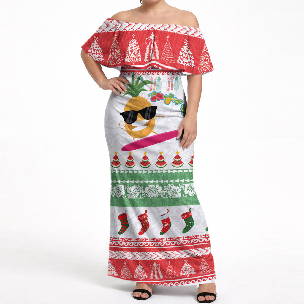 Hawaiian Mele Kalikimaka Off Shoulder Maxi Dress Funny Pineapple Surfing with Map Christmas Stripe Elements