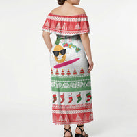 Hawaiian Mele Kalikimaka Off Shoulder Maxi Dress Funny Pineapple Surfing with Map Christmas Stripe Elements