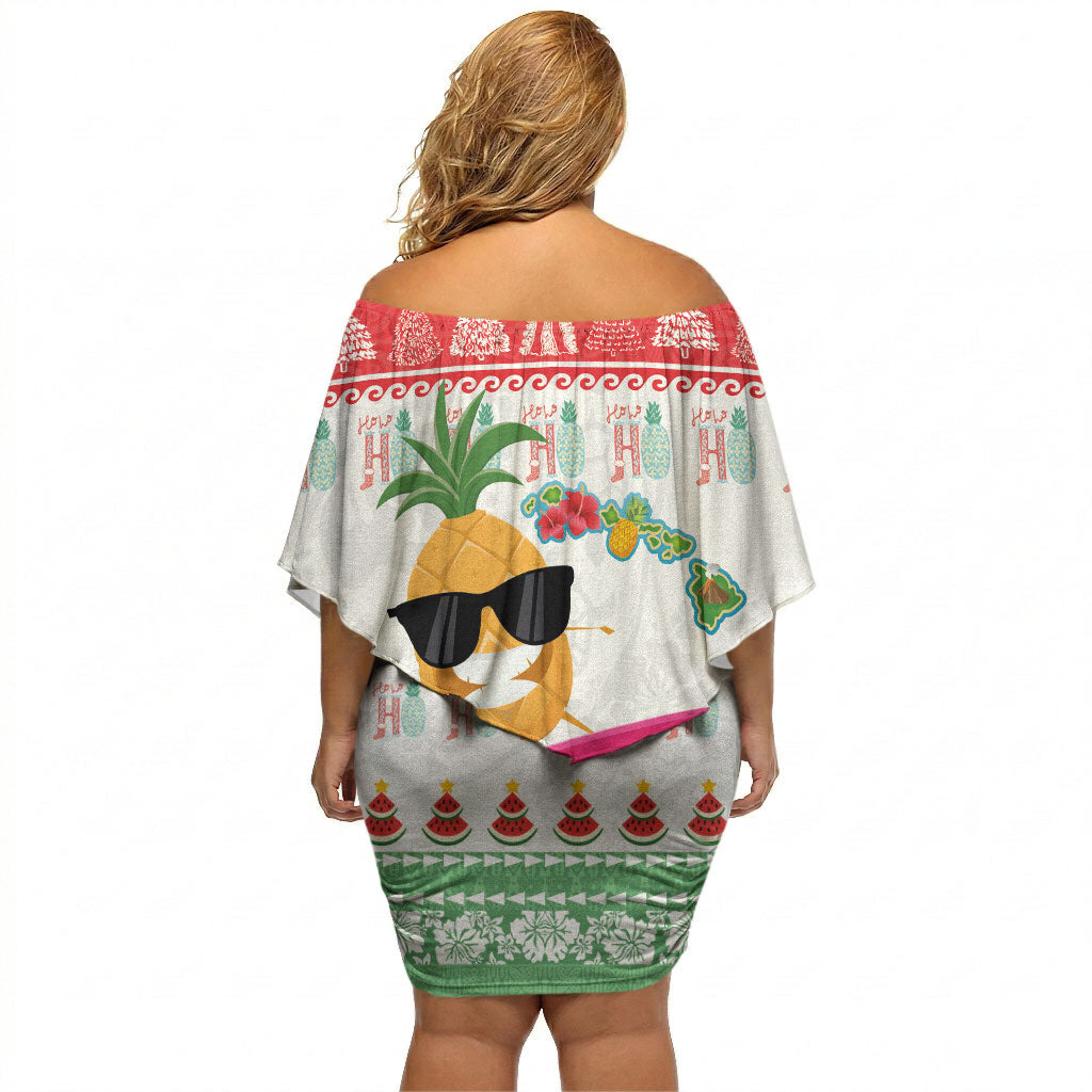 Hawaiian Mele Kalikimaka Off Shoulder Short Dress Funny Pineapple Surfing with Map Christmas Stripe Elements