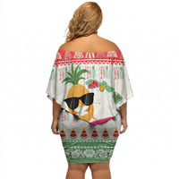 Hawaiian Mele Kalikimaka Off Shoulder Short Dress Funny Pineapple Surfing with Map Christmas Stripe Elements