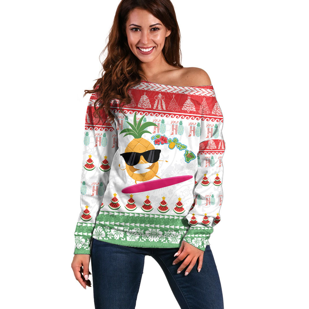Hawaiian Mele Kalikimaka Off Shoulder Sweater Funny Pineapple Surfing with Map Christmas Stripe Elements