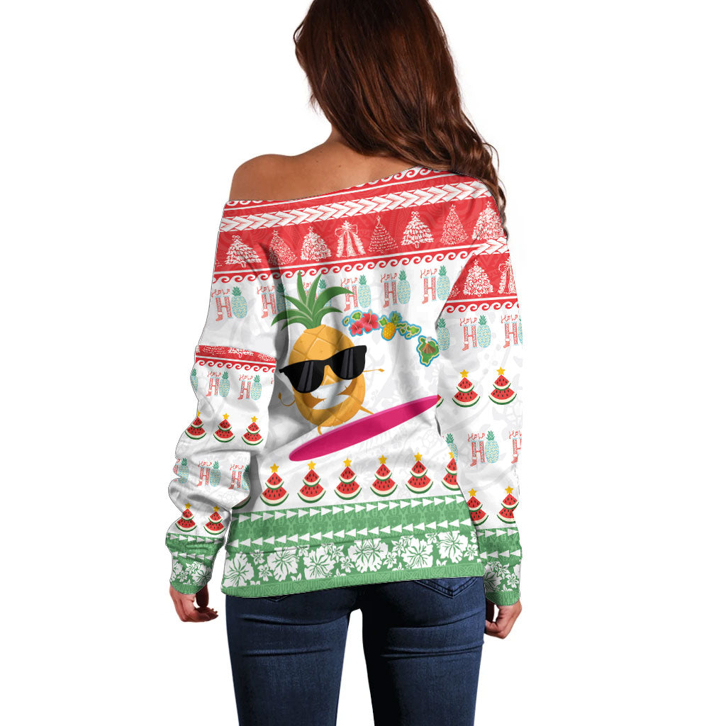 Hawaiian Mele Kalikimaka Off Shoulder Sweater Funny Pineapple Surfing with Map Christmas Stripe Elements