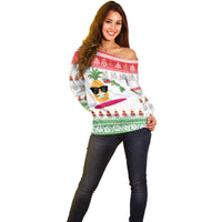 Hawaiian Mele Kalikimaka Off Shoulder Sweater Funny Pineapple Surfing with Map Christmas Stripe Elements