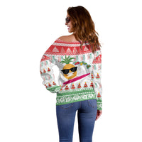 Hawaiian Mele Kalikimaka Off Shoulder Sweater Funny Pineapple Surfing with Map Christmas Stripe Elements