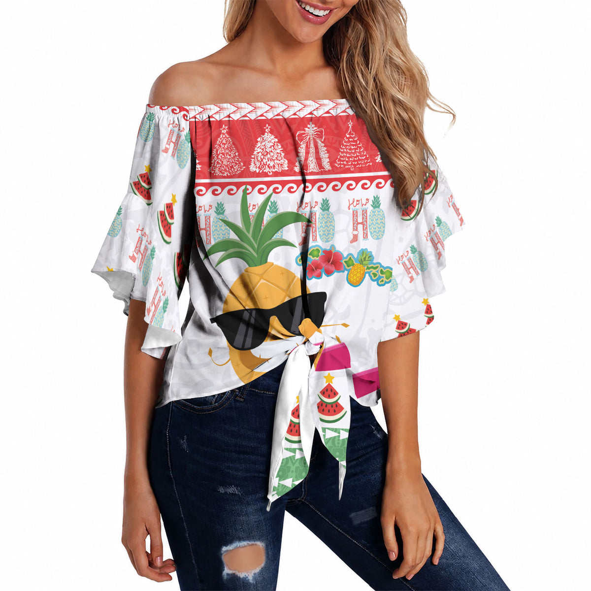 Hawaiian Mele Kalikimaka Off Shoulder Wrap Waist Top Funny Pineapple Surfing with Map Christmas Stripe Elements