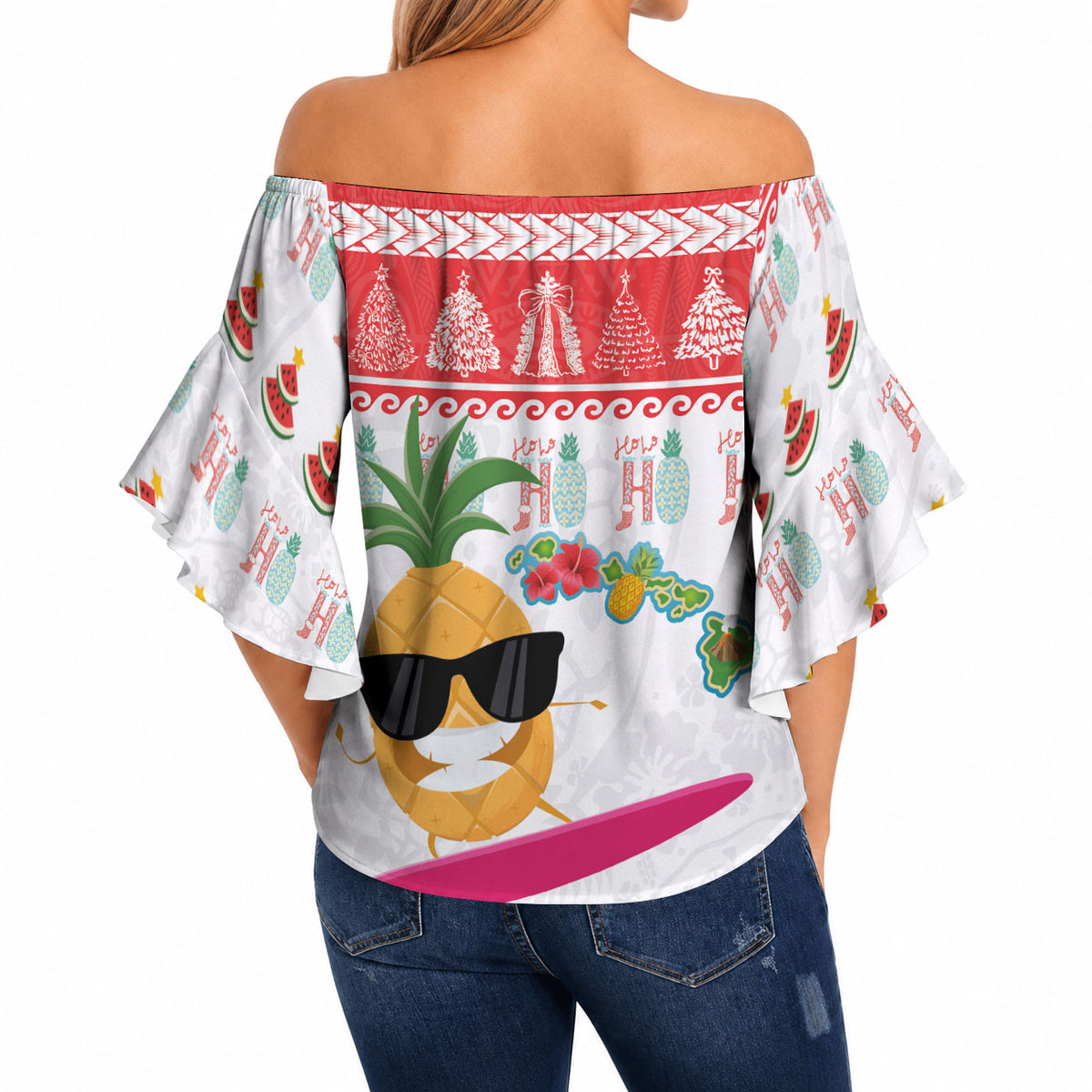 Hawaiian Mele Kalikimaka Off Shoulder Wrap Waist Top Funny Pineapple Surfing with Map Christmas Stripe Elements