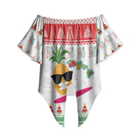 Hawaiian Mele Kalikimaka Off Shoulder Wrap Waist Top Funny Pineapple Surfing with Map Christmas Stripe Elements