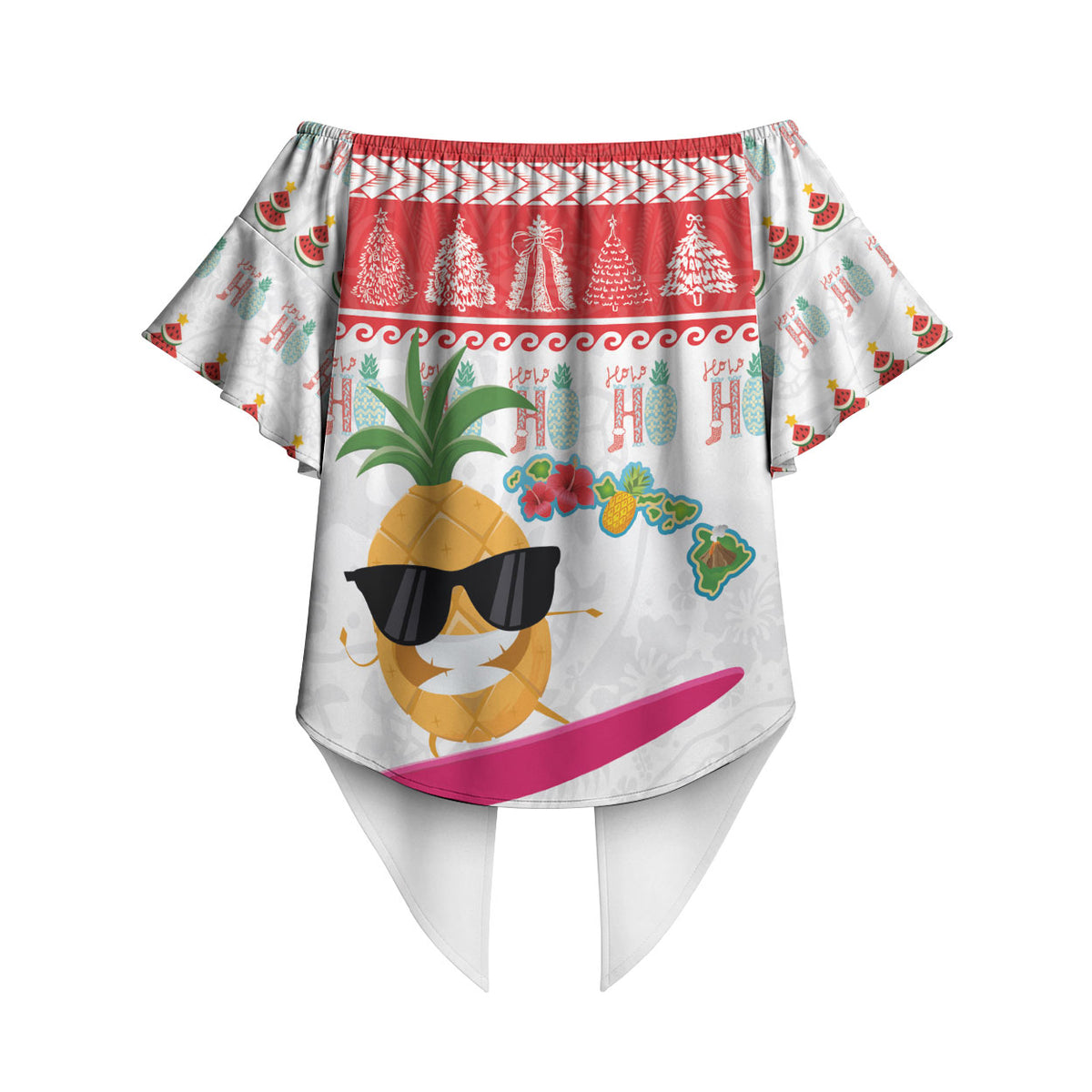 Hawaiian Mele Kalikimaka Off Shoulder Wrap Waist Top Funny Pineapple Surfing with Map Christmas Stripe Elements