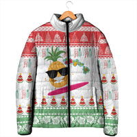 Hawaiian Mele Kalikimaka Padded Jacket Funny Pineapple Surfing with Map Christmas Stripe Elements