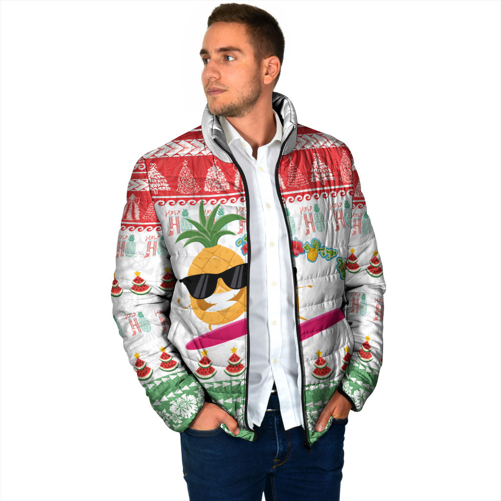 Hawaiian Mele Kalikimaka Padded Jacket Funny Pineapple Surfing with Map Christmas Stripe Elements