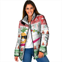 Hawaiian Mele Kalikimaka Padded Jacket Funny Pineapple Surfing with Map Christmas Stripe Elements