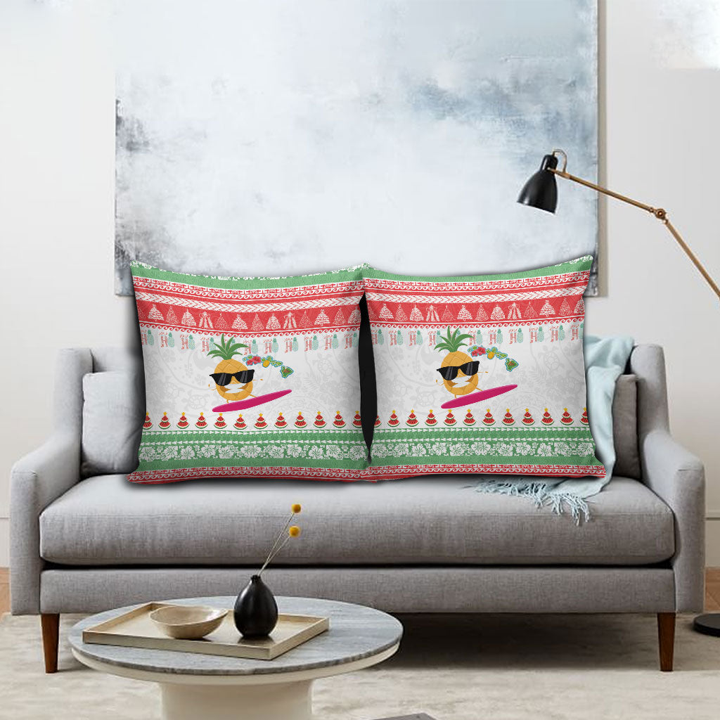 Hawaiian Mele Kalikimaka Pillow Cover Funny Pineapple Surfing with Map Christmas Stripe Elements