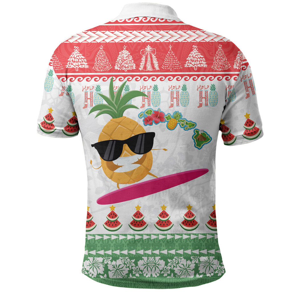 Hawaiian Mele Kalikimaka Polo Shirt Funny Pineapple Surfing with Map Christmas Stripe Elements