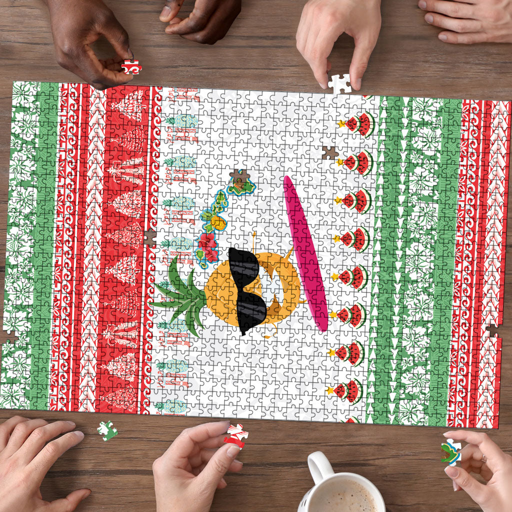Hawaiian Mele Kalikimaka Puzzle Funny Pineapple Surfing with Map Christmas Stripe Elements