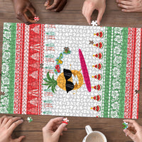 Hawaiian Mele Kalikimaka Puzzle Funny Pineapple Surfing with Map Christmas Stripe Elements