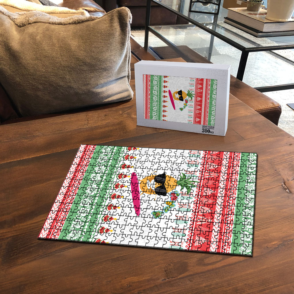 Hawaiian Mele Kalikimaka Puzzle Funny Pineapple Surfing with Map Christmas Stripe Elements