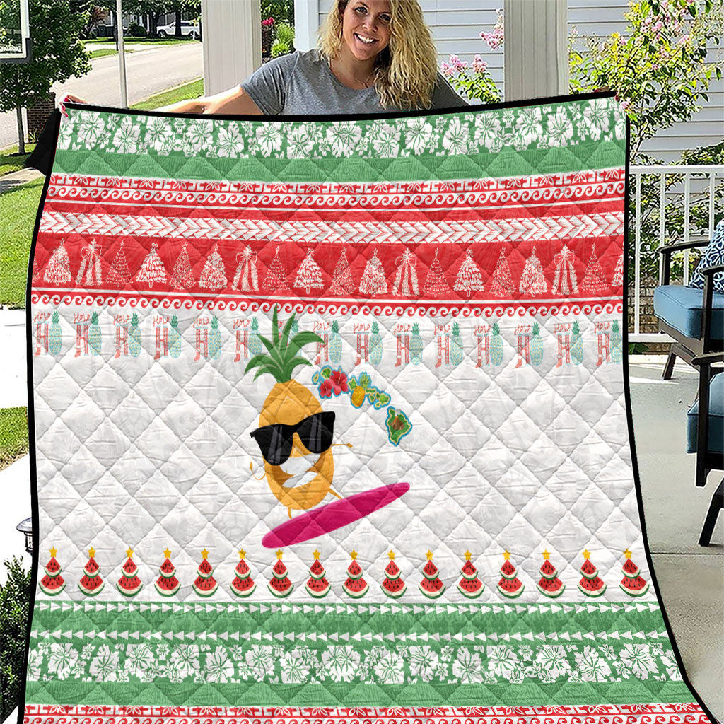 Hawaiian Mele Kalikimaka Quilt Funny Pineapple Surfing with Map Christmas Stripe Elements